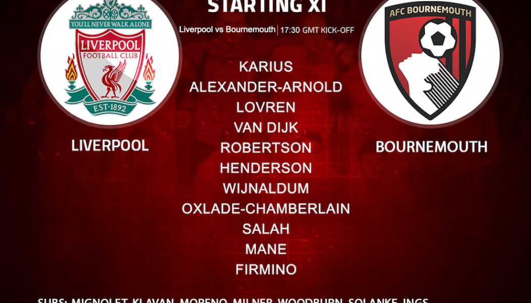 Liverpool team v Bournemouth in the Premier League at Anfield on Saturday 14 April 2018