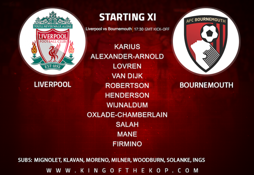 Liverpool team v Bournemouth in the Premier League at Anfield on Saturday 14 April 2018