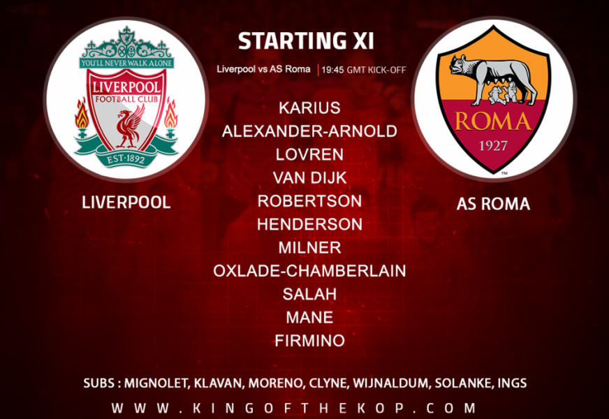 Liverpool team v Roma in the Champions League semi-final first leg at Anfield Tuesday 24 April.