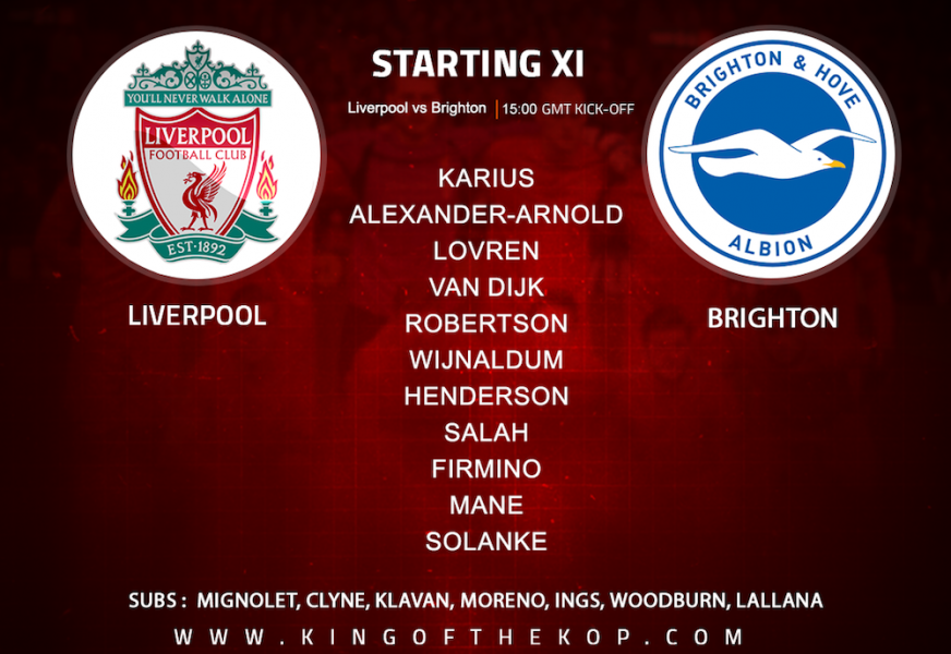 Liverpool team v Brighton in the Premier League at Anfield on Sunday 13 May 2018