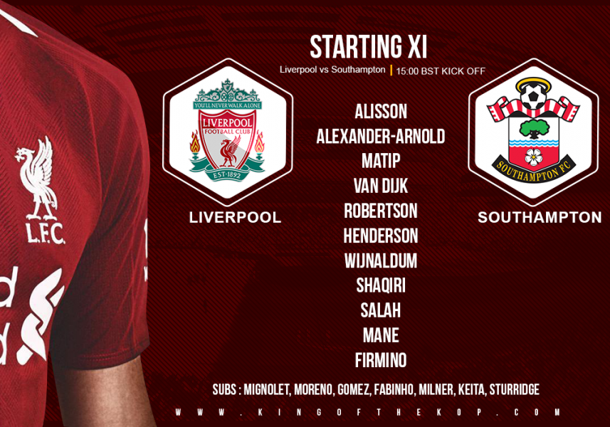 Liverpool team v Southampton Premier League 22 September 2018