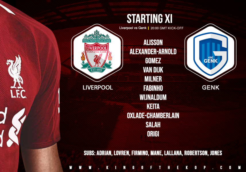 Liverpool team v Genk 5 November 2019