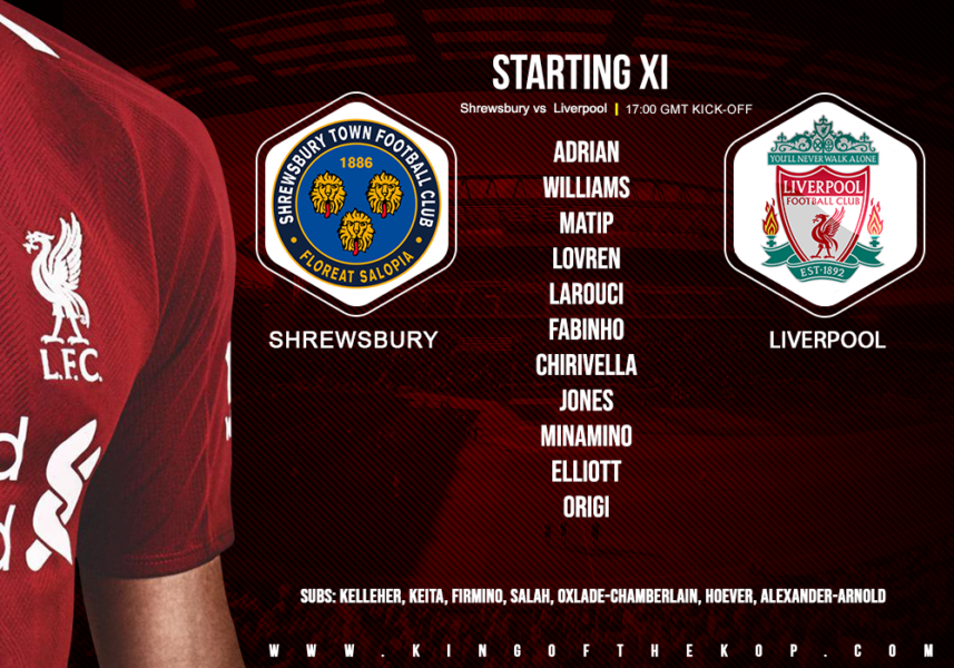 Liverpool team v Shrewsbury in the FA Cup fourth round on 26 January 2020