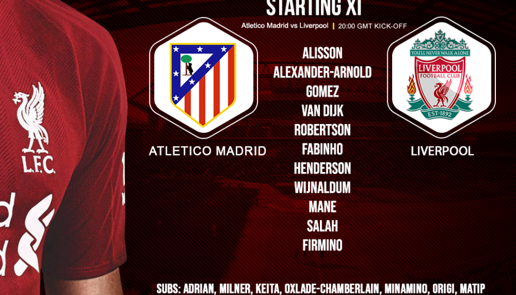 Liverpool team v Atletico Madrid in the Champions League on 18 February 2020