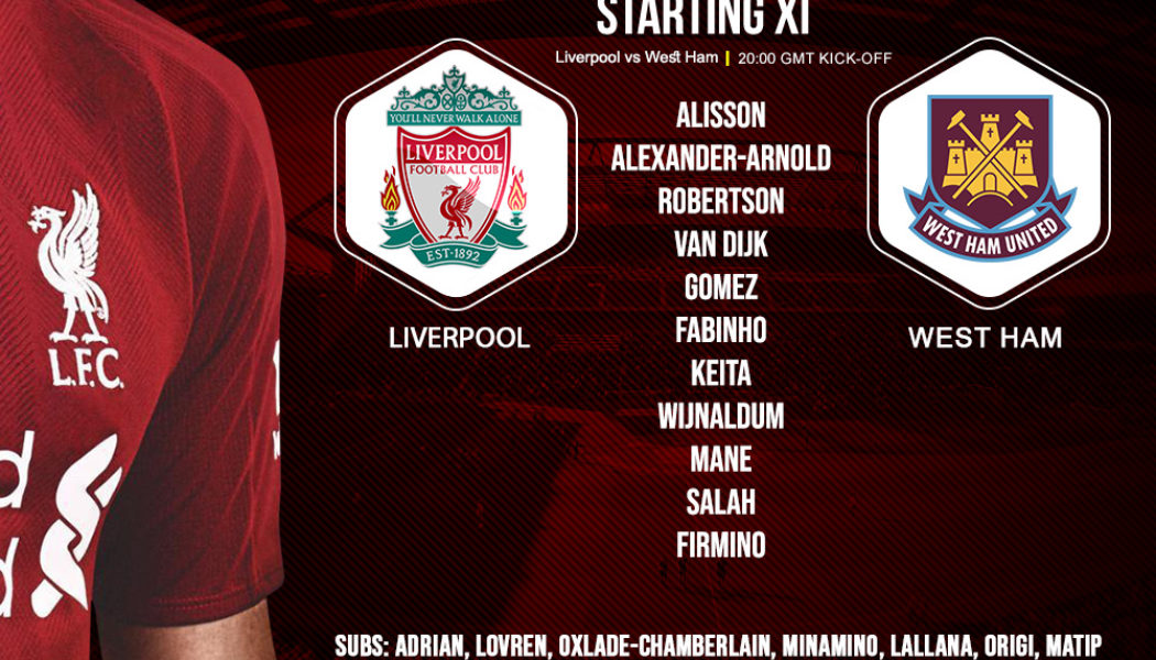 Confirmed: Liverpool team v West Ham