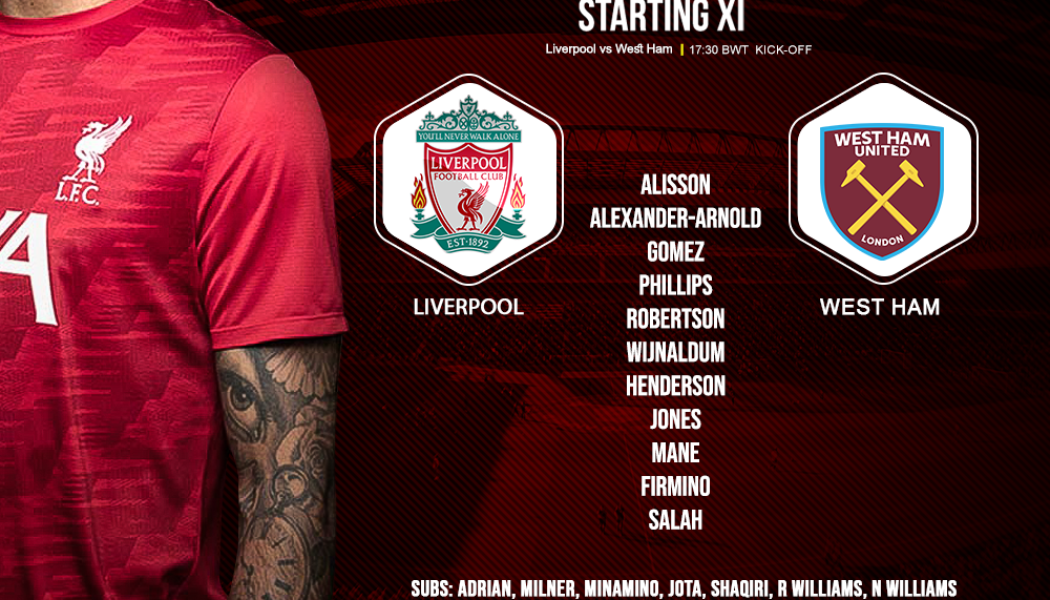 Liverpool team v West Ham 31 October 2020