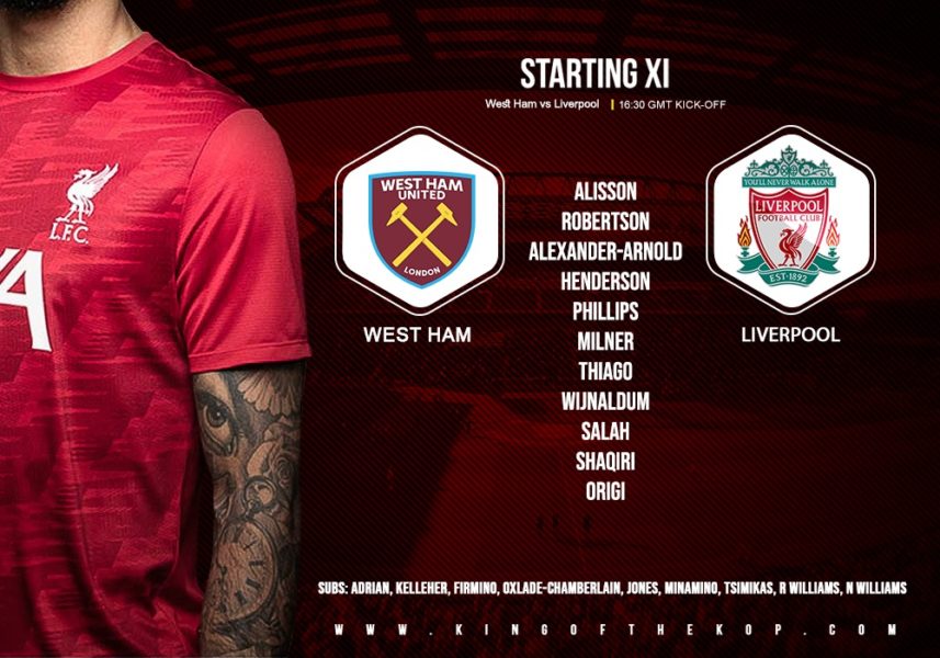 Confirmed: Liverpool team v West Ham