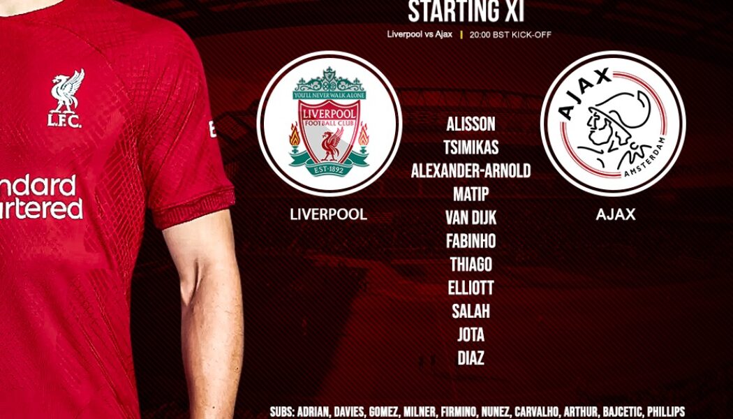 Liverpool team v Ajax Champions League 13th of September 2022