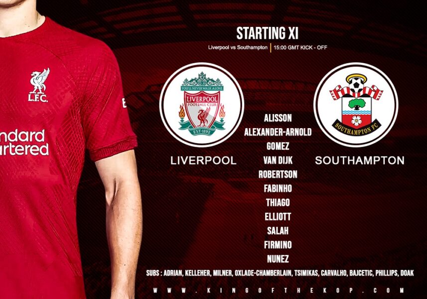 Liverpool team v Southampton premier League Saturday 12 November 2022