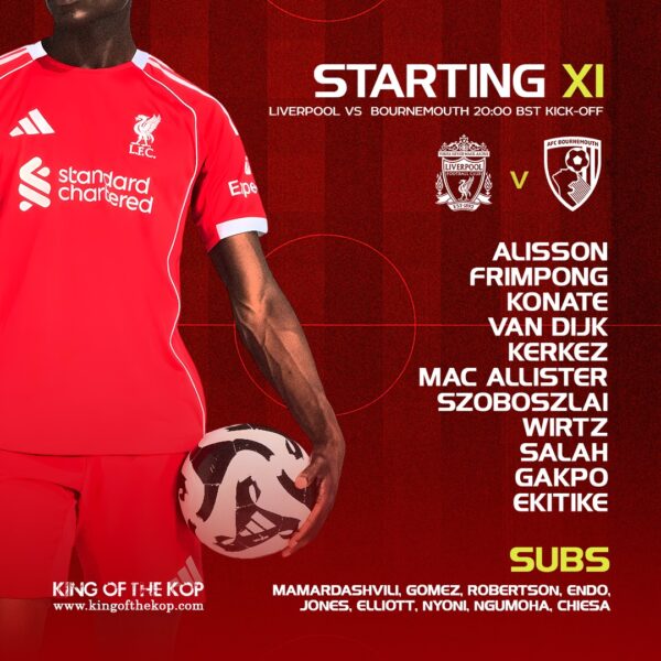 Confirmed Liverpool team vs Bournemouth premier League Anfield 15th of August 2025