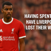 Alexander Isak in Liverpool’s 2025–26 Adidas home kit looking frustrated, with headline text asking ‘Having spent big, have Liverpool lost their way?’ — opinion piece on Liverpool’s summer signings.