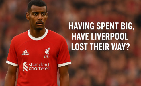 Alexander Isak in Liverpool’s 2025–26 Adidas home kit looking frustrated, with headline text asking ‘Having spent big, have Liverpool lost their way?’ — opinion piece on Liverpool’s summer signings.