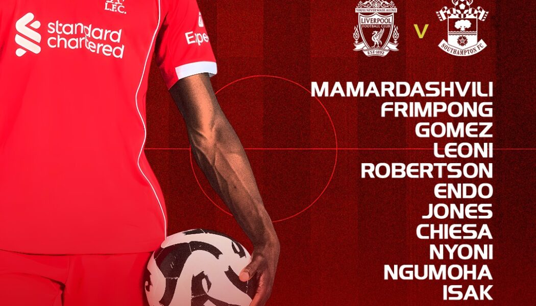 Liverpool starting XI graphic vs Southampton in the Carabao Cup at Anfield. Mamardashvili, Frimpong, Gomez, Leoni, Robertson, Endo, Jones, Chiesa, Nyoni, Ngumoha, Isak. Subs: Woodman, Kerkez, Bradley, Williams, Pilling, Morrison, Gordon, Danns, Ekitike.
