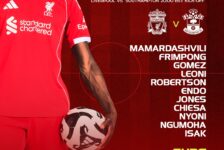 Liverpool starting XI graphic vs Southampton in the Carabao Cup at Anfield. Mamardashvili, Frimpong, Gomez, Leoni, Robertson, Endo, Jones, Chiesa, Nyoni, Ngumoha, Isak. Subs: Woodman, Kerkez, Bradley, Williams, Pilling, Morrison, Gordon, Danns, Ekitike.