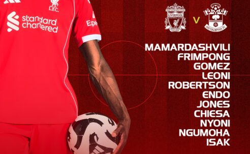 Liverpool starting XI graphic vs Southampton in the Carabao Cup at Anfield. Mamardashvili, Frimpong, Gomez, Leoni, Robertson, Endo, Jones, Chiesa, Nyoni, Ngumoha, Isak. Subs: Woodman, Kerkez, Bradley, Williams, Pilling, Morrison, Gordon, Danns, Ekitike.