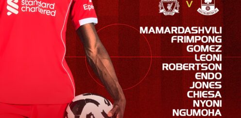 Liverpool starting XI graphic vs Southampton in the Carabao Cup at Anfield. Mamardashvili, Frimpong, Gomez, Leoni, Robertson, Endo, Jones, Chiesa, Nyoni, Ngumoha, Isak. Subs: Woodman, Kerkez, Bradley, Williams, Pilling, Morrison, Gordon, Danns, Ekitike.