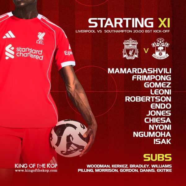 Liverpool starting XI graphic vs Southampton in the Carabao Cup at Anfield. Mamardashvili, Frimpong, Gomez, Leoni, Robertson, Endo, Jones, Chiesa, Nyoni, Ngumoha, Isak. Subs: Woodman, Kerkez, Bradley, Williams, Pilling, Morrison, Gordon, Danns, Ekitike.