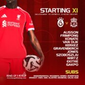 Liverpool starting XI graphic vs Galatasaray (Champions League, 20:00 BST) showing Alisson, Frimpong, Konaté, Van Dijk, Kerkez, Gravenberch, Jones, Szoboszlai, Wirtz, Ekitike, Gakpo. Subs include Salah, Isak, Mac Allister, Robertson and others.