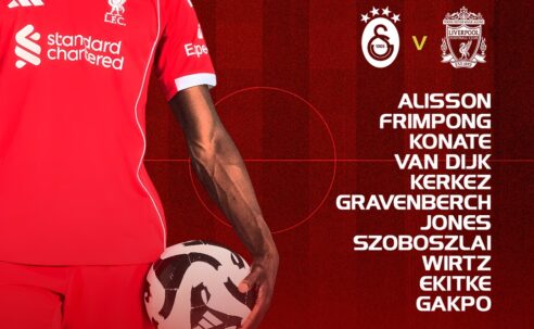 Liverpool starting XI graphic vs Galatasaray (Champions League, 20:00 BST) showing Alisson, Frimpong, Konaté, Van Dijk, Kerkez, Gravenberch, Jones, Szoboszlai, Wirtz, Ekitike, Gakpo. Subs include Salah, Isak, Mac Allister, Robertson and others.