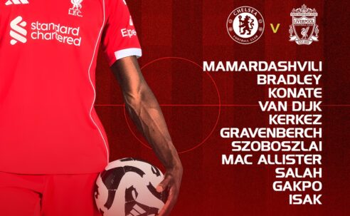 Liverpool starting XI graphic for the Premier League match against Chelsea at Stamford Bridge, showing Mamardashvili, Bradley, Konaté, Van Dijk, Kerkez, Gravenberch, Szoboszlai, Mac Allister, Salah, Gakpo, and Isak.