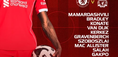 Liverpool starting XI graphic for the Premier League match against Chelsea at Stamford Bridge, showing Mamardashvili, Bradley, Konaté, Van Dijk, Kerkez, Gravenberch, Szoboszlai, Mac Allister, Salah, Gakpo, and Isak.