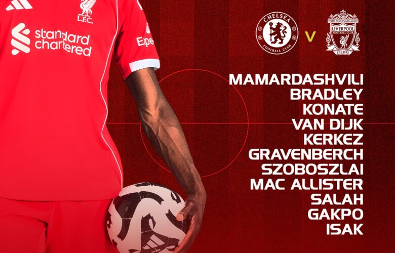 Liverpool starting XI graphic for the Premier League match against Chelsea at Stamford Bridge, showing Mamardashvili, Bradley, Konaté, Van Dijk, Kerkez, Gravenberch, Szoboszlai, Mac Allister, Salah, Gakpo, and Isak.