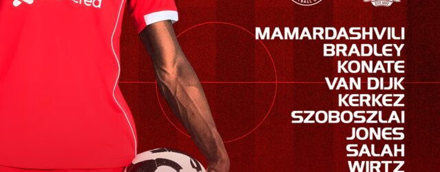 Liverpool starting XI graphic for the Premier League match against Brentford, showing Mamardashvili, Bradley, Konaté, Van Dijk, Kerkez, Szoboszlai, Jones, Salah, Wirtz, Gakpo, and Ekitike. Substitutes: Woodman, Gomez, Robertson, Endo, Mac Allister, Morrison, Nyoni, Ngumoha, Chiesa. Kick-off 20:00 BST. King of the Kop branding.