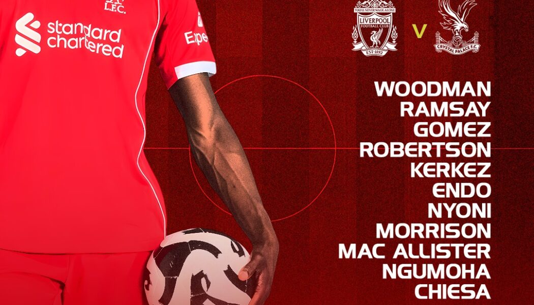 Liverpool starting XI vs Crystal Palace showing Woodman, Ramsay, Gomez, Robertson, Kerkez, Endo, Nyoni, Morrison, Mac Allister, Ngumoha, and Chiesa.