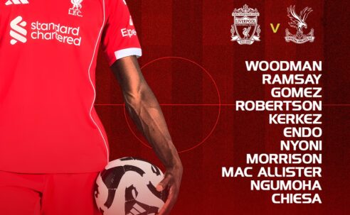 Liverpool starting XI vs Crystal Palace showing Woodman, Ramsay, Gomez, Robertson, Kerkez, Endo, Nyoni, Morrison, Mac Allister, Ngumoha, and Chiesa.