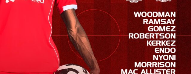 Liverpool starting XI vs Crystal Palace showing Woodman, Ramsay, Gomez, Robertson, Kerkez, Endo, Nyoni, Morrison, Mac Allister, Ngumoha, and Chiesa.