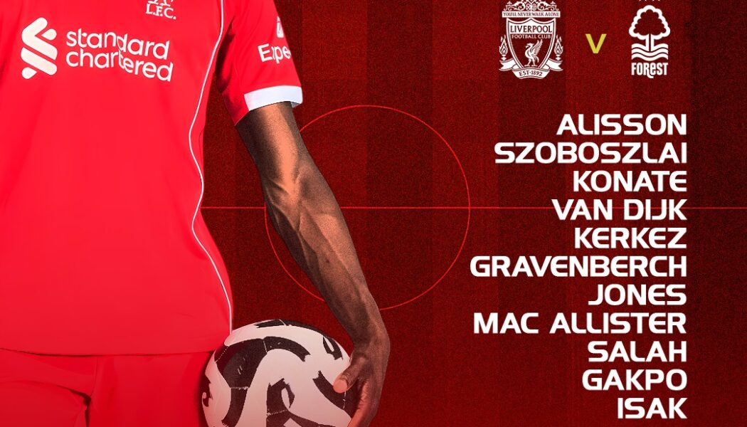 Liverpool starting XI graphic for the Nottingham Forest match, showing the full lineup and substitutes on a red background.