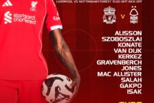 Liverpool starting XI graphic for the Nottingham Forest match, showing the full lineup and substitutes on a red background.