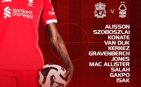 Liverpool starting XI graphic for the Nottingham Forest match, showing the full lineup and substitutes on a red background.