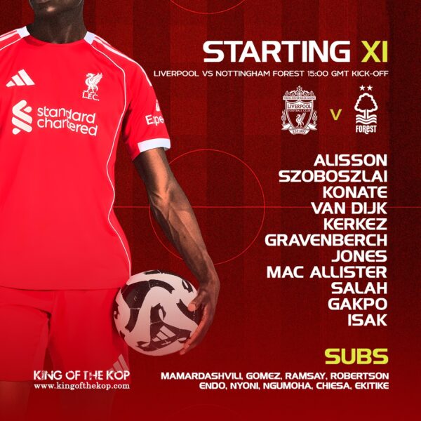 Liverpool starting XI graphic for the Nottingham Forest match, showing the full lineup and substitutes on a red background.