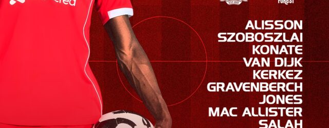 Liverpool starting XI graphic for the Nottingham Forest match, showing the full lineup and substitutes on a red background.