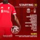 Liverpool starting XI graphic for the Nottingham Forest match, showing the full lineup and substitutes on a red background.