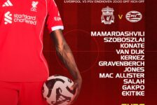 Liverpool starting XI graphic vs PSV showing Mamardashvili, Szoboszlai, Konaté, Van Dijk, Kerkez, Gravenberch, Jones, Mac Allister, Salah, Gakpo and Ekitike, with subs listed below.