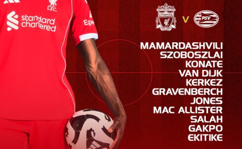 Liverpool starting XI graphic vs PSV showing Mamardashvili, Szoboszlai, Konaté, Van Dijk, Kerkez, Gravenberch, Jones, Mac Allister, Salah, Gakpo and Ekitike, with subs listed below.