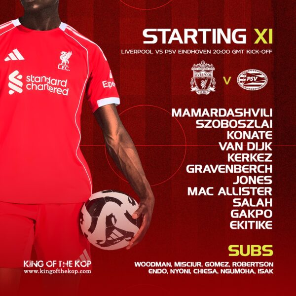 Liverpool starting XI graphic vs PSV showing Mamardashvili, Szoboszlai, Konaté, Van Dijk, Kerkez, Gravenberch, Jones, Mac Allister, Salah, Gakpo and Ekitike, with subs listed below.