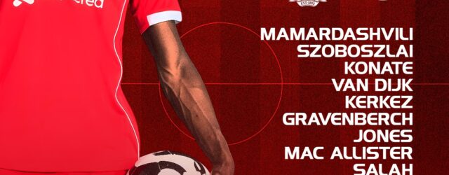 Liverpool starting XI graphic vs PSV showing Mamardashvili, Szoboszlai, Konaté, Van Dijk, Kerkez, Gravenberch, Jones, Mac Allister, Salah, Gakpo and Ekitike, with subs listed below.