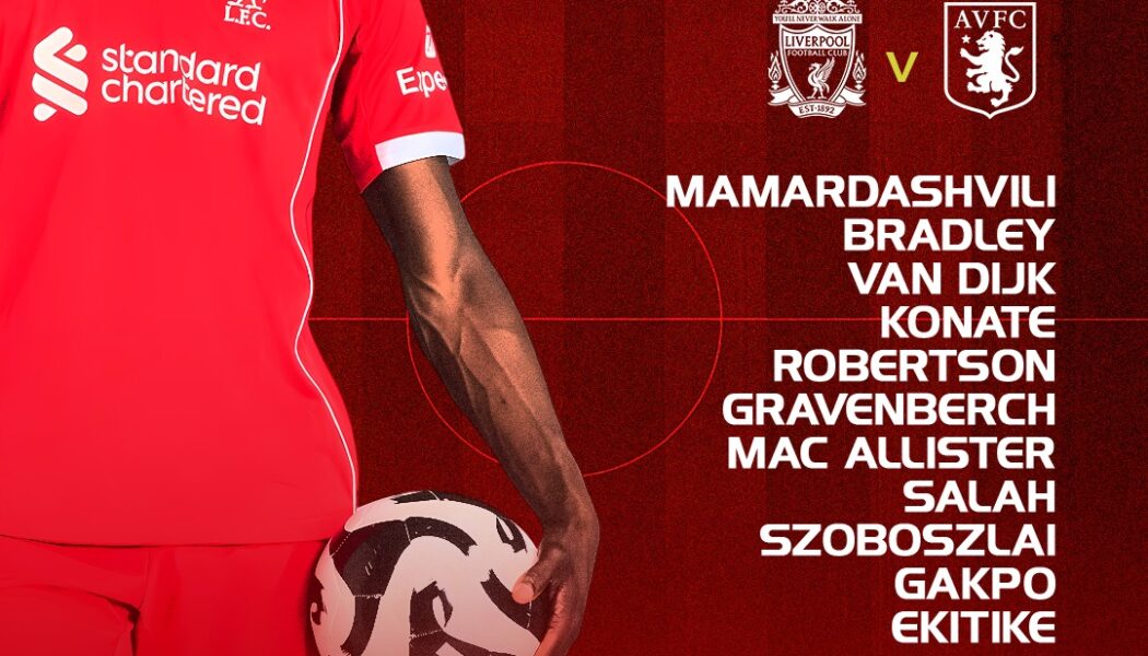 Liverpool starting XI graphic vs Aston Villa showing Mamardashvili, Bradley, Van Dijk, Konate, Robertson, Gravenberch, Mac Allister, Salah, Szoboszlai, Gakpo, and Ekitike.