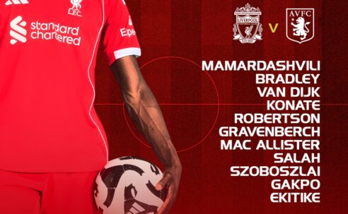 Liverpool starting XI graphic vs Aston Villa showing Mamardashvili, Bradley, Van Dijk, Konate, Robertson, Gravenberch, Mac Allister, Salah, Szoboszlai, Gakpo, and Ekitike.