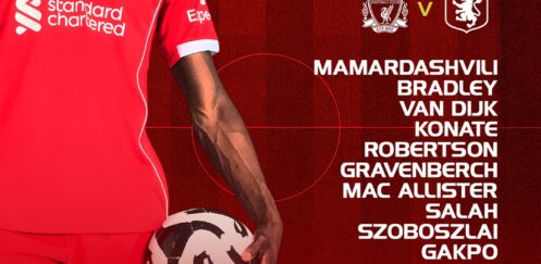 Liverpool starting XI graphic vs Aston Villa showing Mamardashvili, Bradley, Van Dijk, Konate, Robertson, Gravenberch, Mac Allister, Salah, Szoboszlai, Gakpo, and Ekitike.
