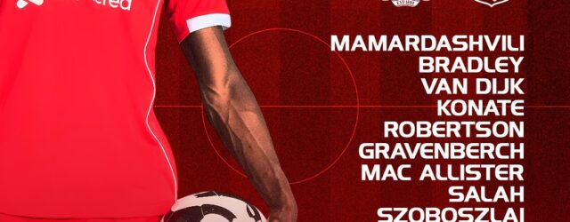 Liverpool starting XI graphic vs Aston Villa showing Mamardashvili, Bradley, Van Dijk, Konate, Robertson, Gravenberch, Mac Allister, Salah, Szoboszlai, Gakpo, and Ekitike.