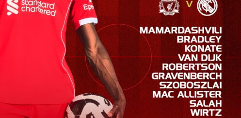 Liverpool starting XI vs Real Madrid in the Champions League at Anfield — Mamardashvili, Bradley, Konaté, Van Dijk, Robertson, Gravenberch, Szoboszlai, Mac Allister, Salah, Wirtz, Ekitike.