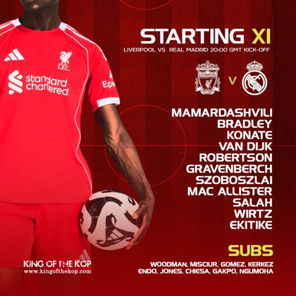 Liverpool starting XI vs Real Madrid in the Champions League at Anfield — Mamardashvili, Bradley, Konaté, Van Dijk, Robertson, Gravenberch, Szoboszlai, Mac Allister, Salah, Wirtz, Ekitike.