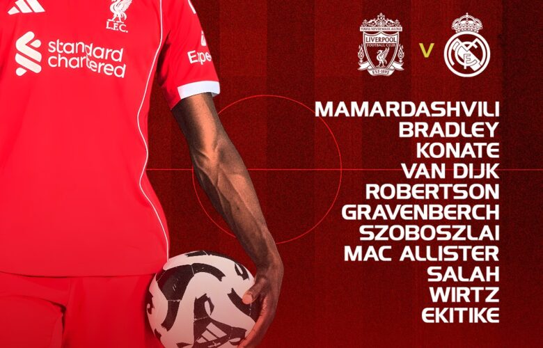 Liverpool starting XI vs Real Madrid in the Champions League at Anfield — Mamardashvili, Bradley, Konaté, Van Dijk, Robertson, Gravenberch, Szoboszlai, Mac Allister, Salah, Wirtz, Ekitike.
