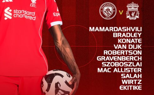 Liverpool lineup vs Manchester City starting XI showing Mamardashvili, Bradley, Konaté, Van Dijk, Robertson, Gravenberch, Szoboszlai, Mac Allister, Wirtz, Salah and Ekitike.