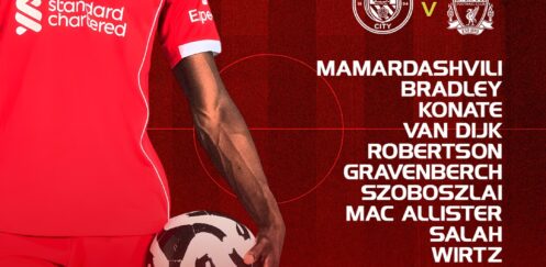 Liverpool lineup vs Manchester City starting XI showing Mamardashvili, Bradley, Konaté, Van Dijk, Robertson, Gravenberch, Szoboszlai, Mac Allister, Wirtz, Salah and Ekitike.