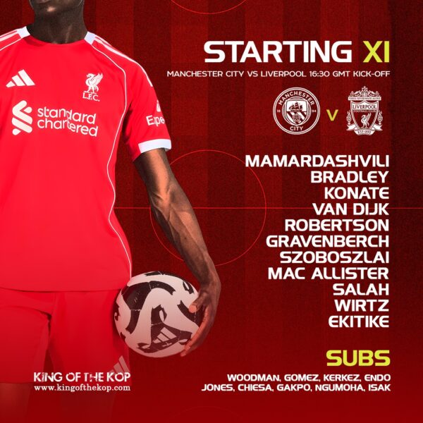 Liverpool lineup vs Manchester City starting XI showing Mamardashvili, Bradley, Konaté, Van Dijk, Robertson, Gravenberch, Szoboszlai, Mac Allister, Wirtz, Salah and Ekitike.